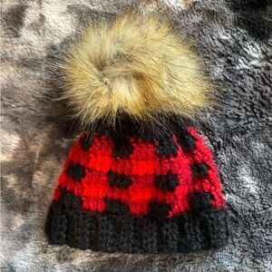 Cozy Red and Black Pom-Pom Beanie